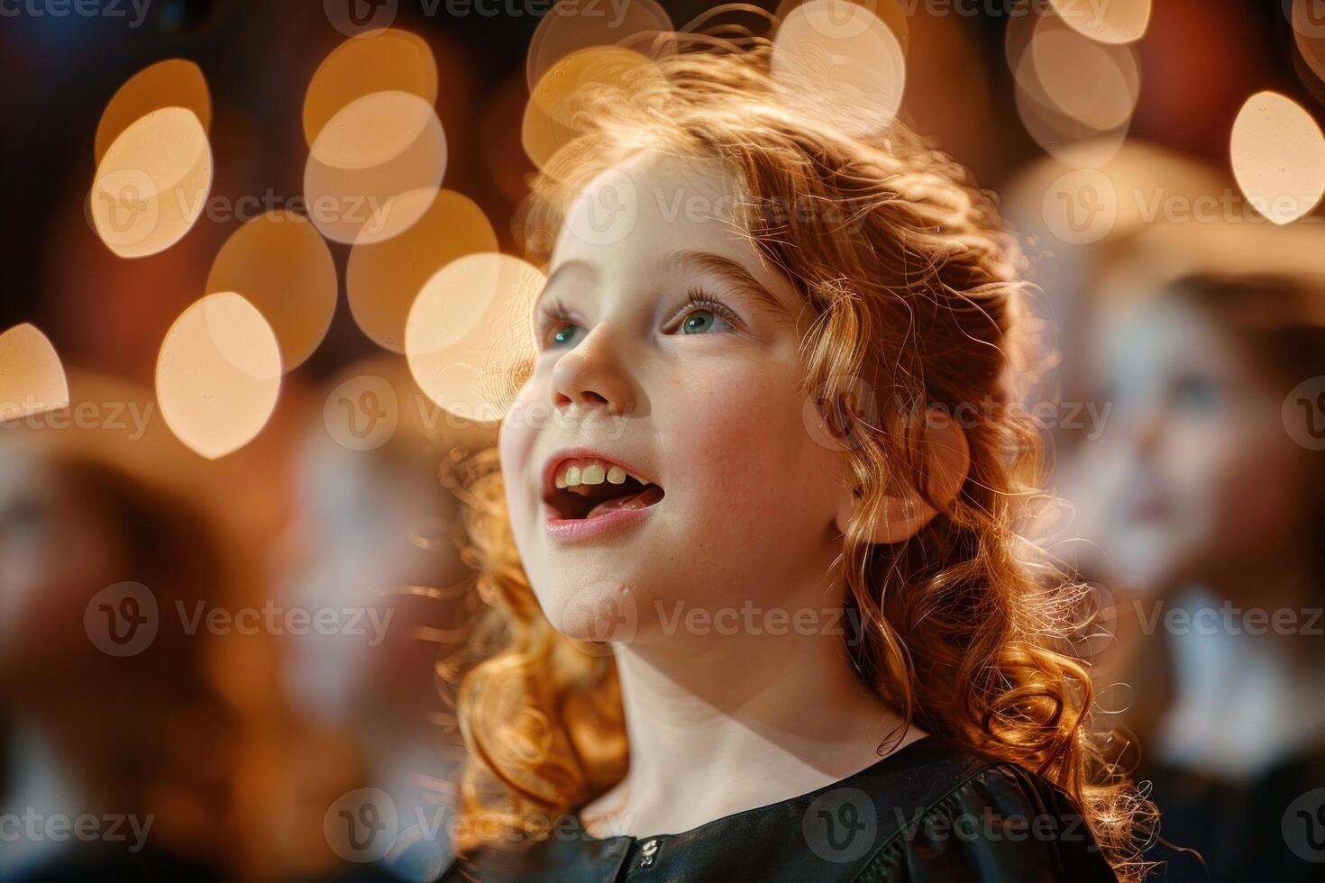 Joyful young girl with sparkling eyes amidst soft bokeh lights photo