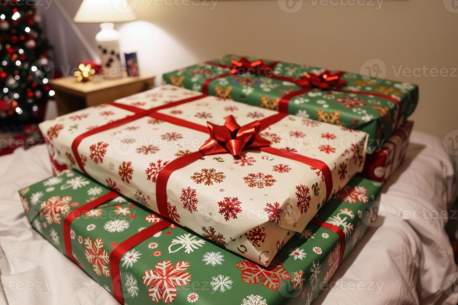 Festive christmas presents wrapped in holiday paper photo