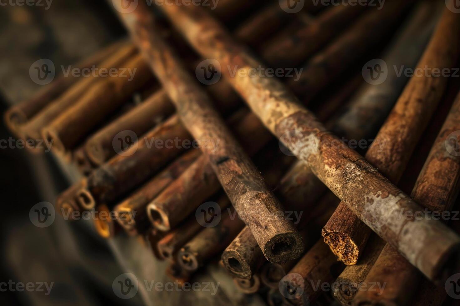 Closeup of assorted cinnamon sticks on a dark wooden background for a rustic vibe photo