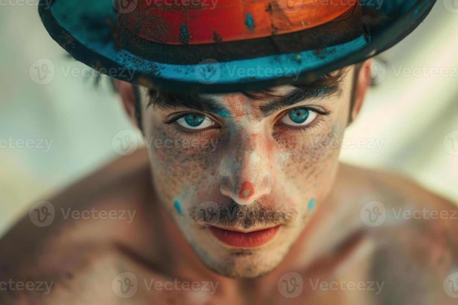 Intense gaze with artistic hat and painted face photo