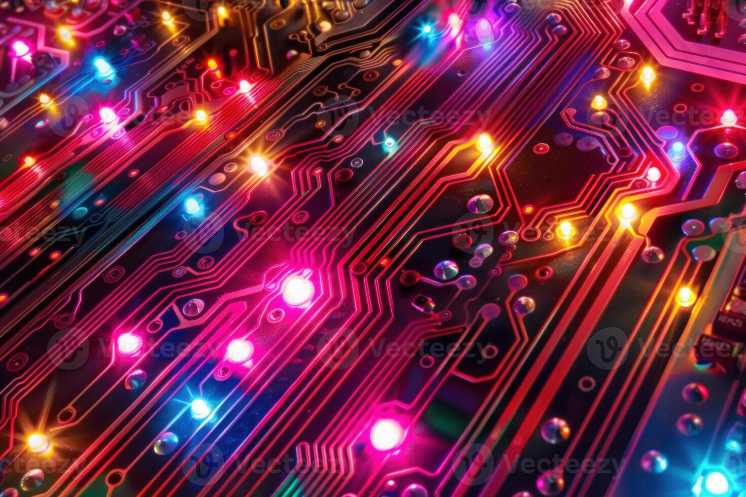 Colorful circuit board background with glowing lights photo