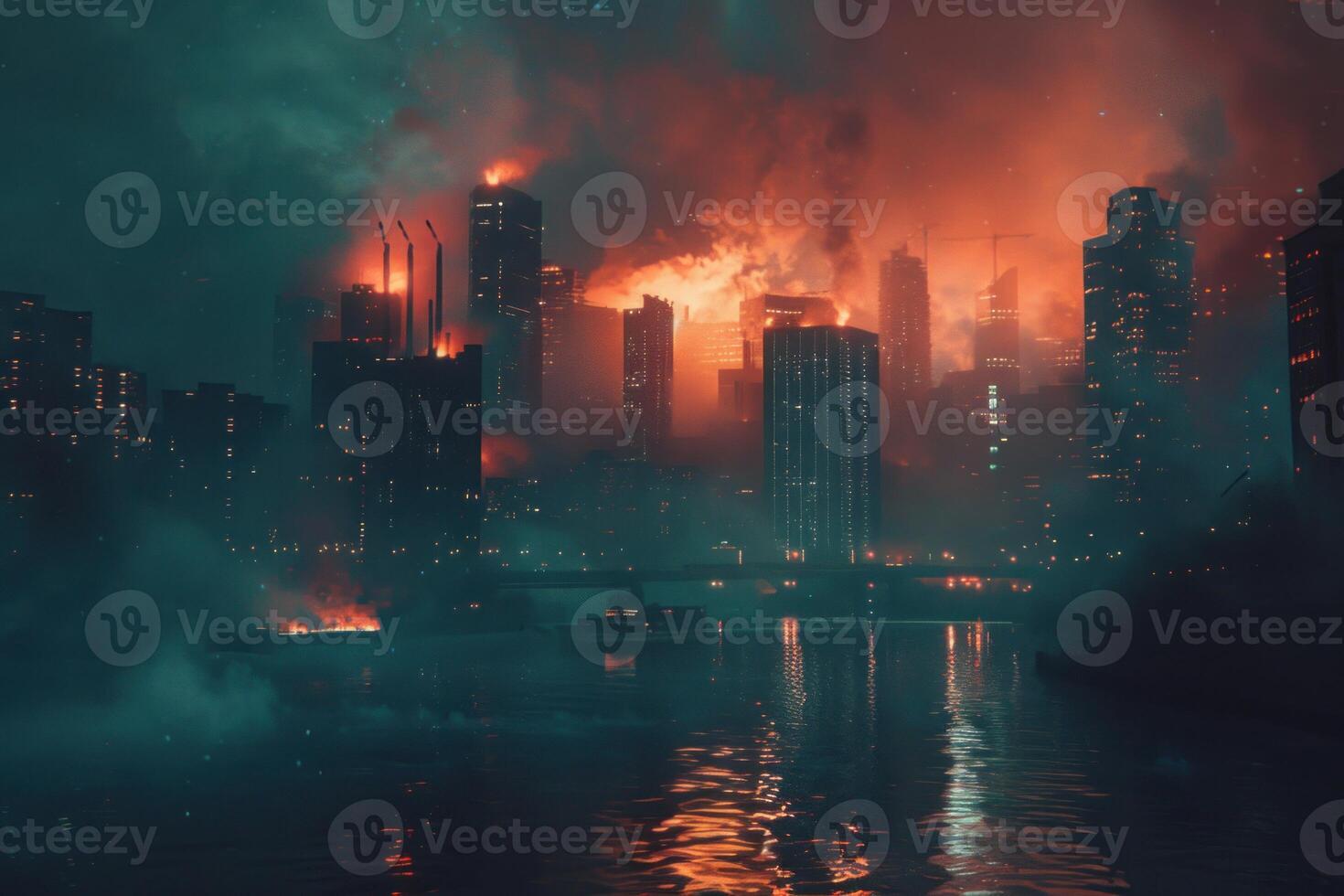 Apocalyptic cityscape with fiery sky photo