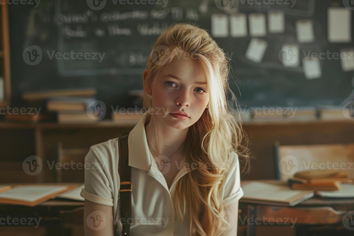 Thoughtful student in classroom setting photo