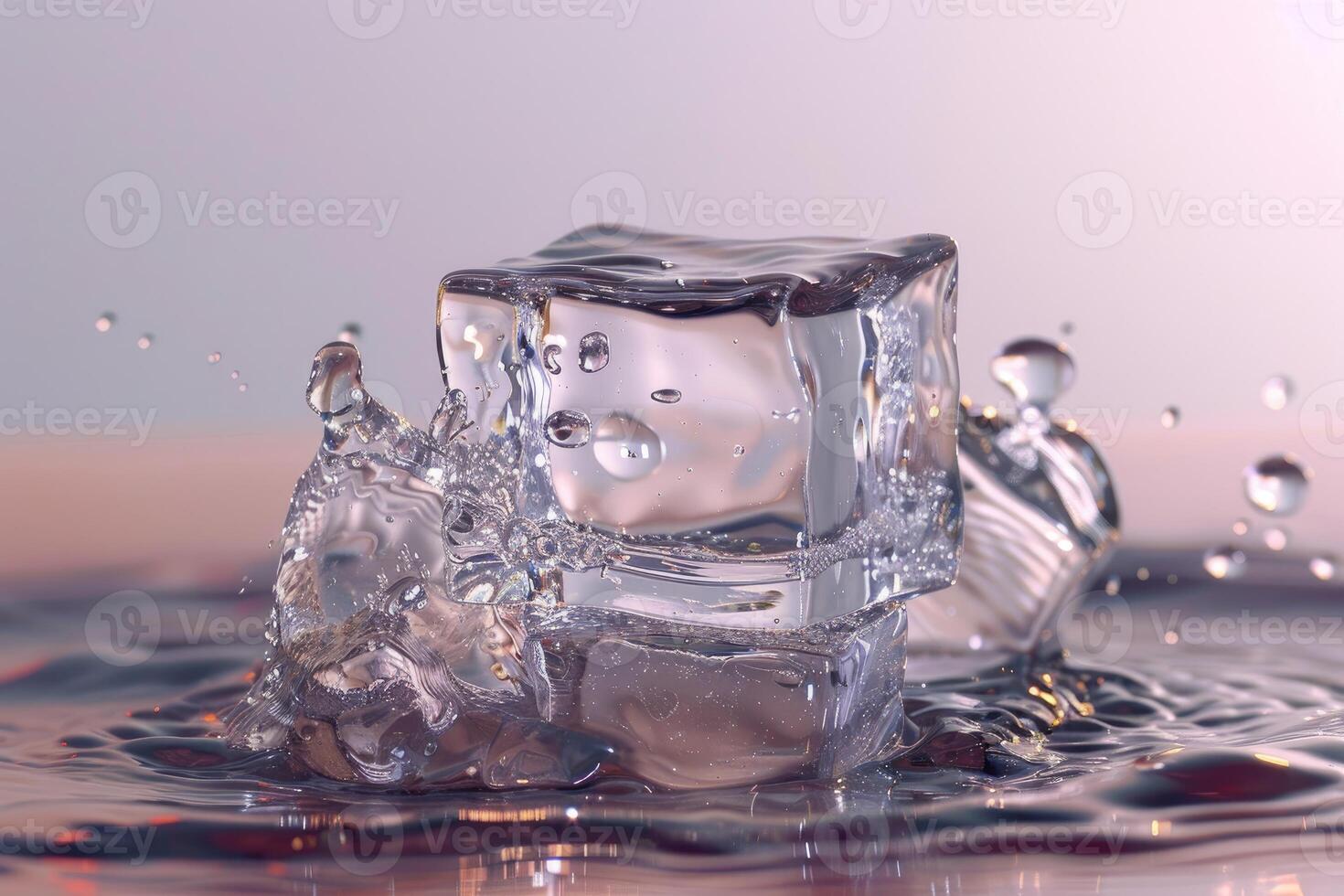 Crystal clear ice cube splashing in water photo