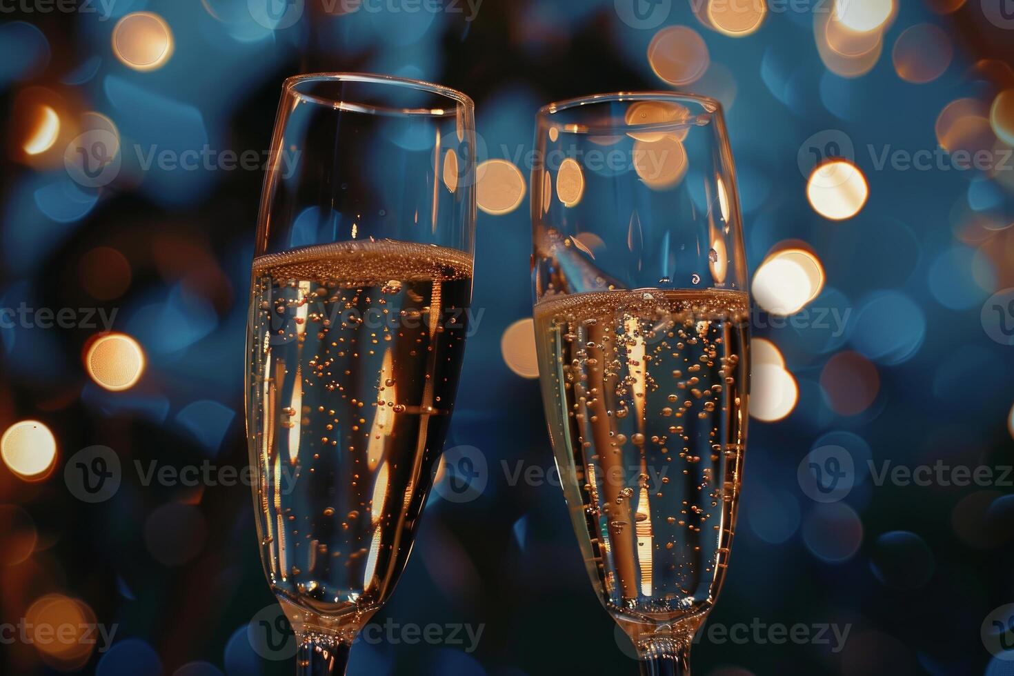 Toasting with champagne flutes against bokeh background photo