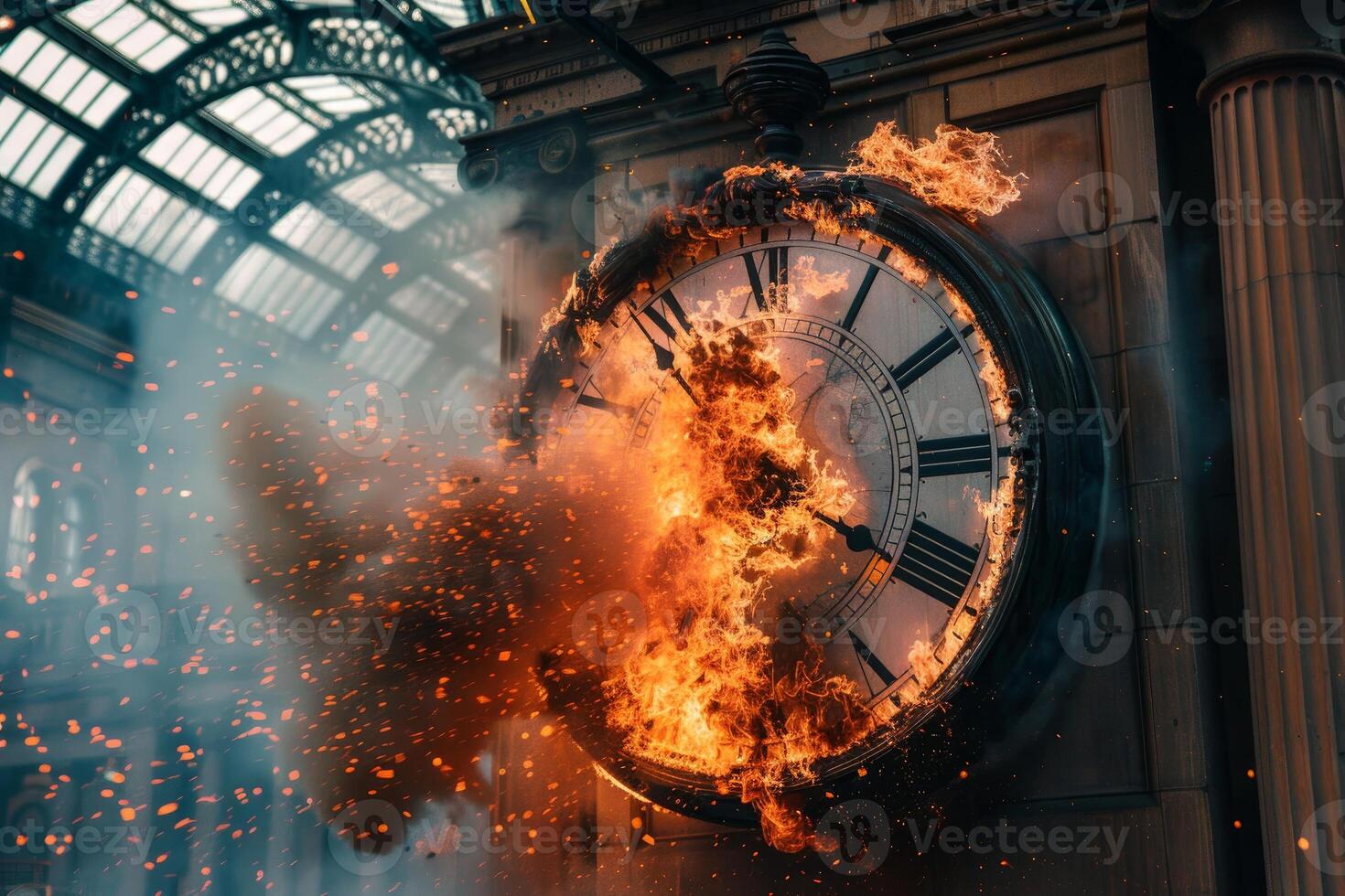 Burning clock in historic station photo