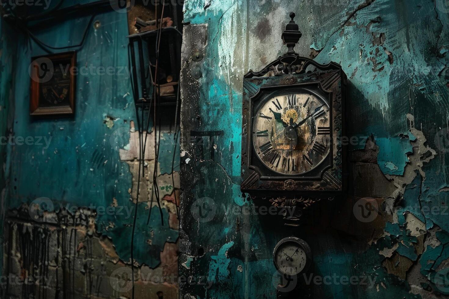 Antique clock on weathered blue wall photo
