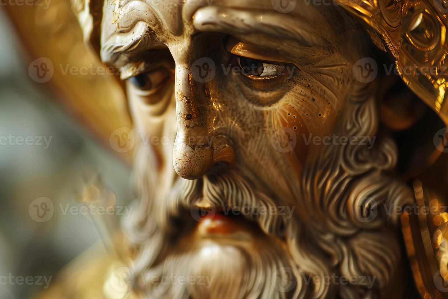 Closeup of ornate golden saint statue photo