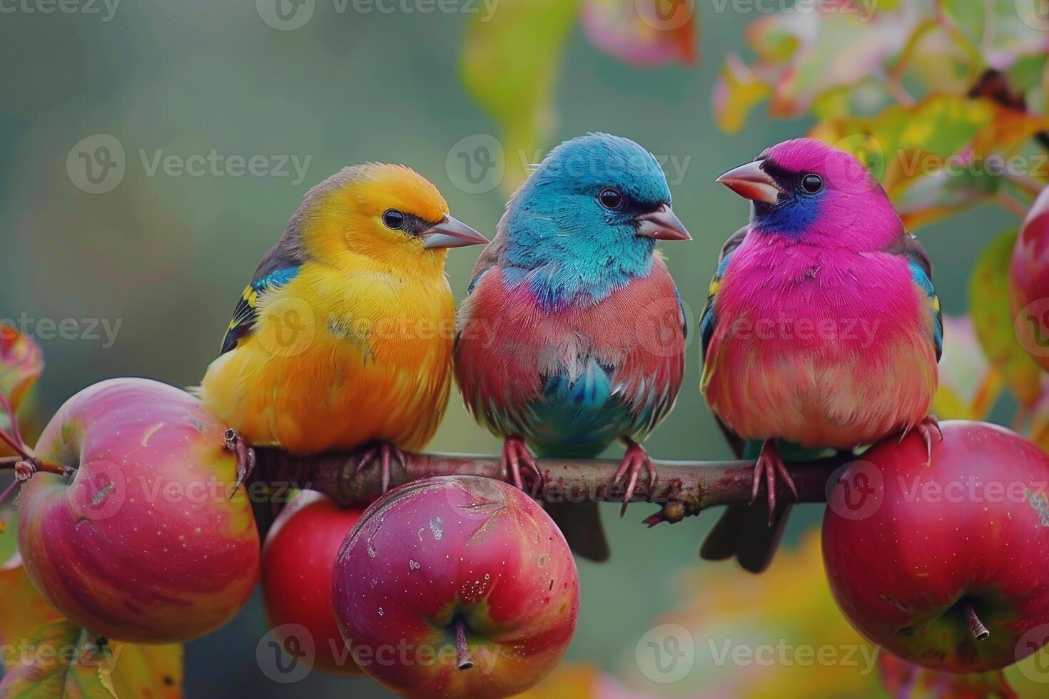 Colorful birds perched on apple branch photo