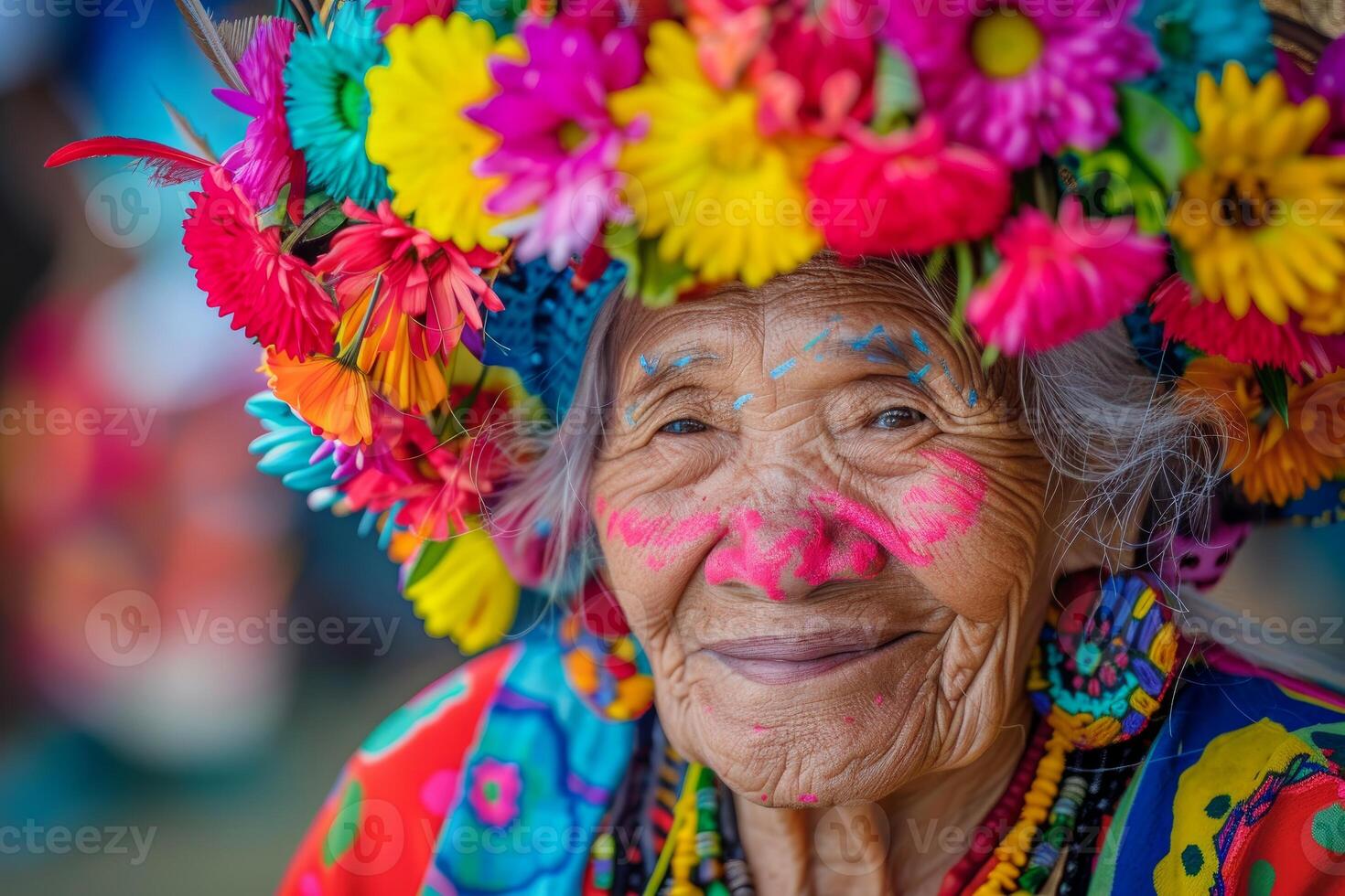 Elderly woman with floral headpiece smiling photo