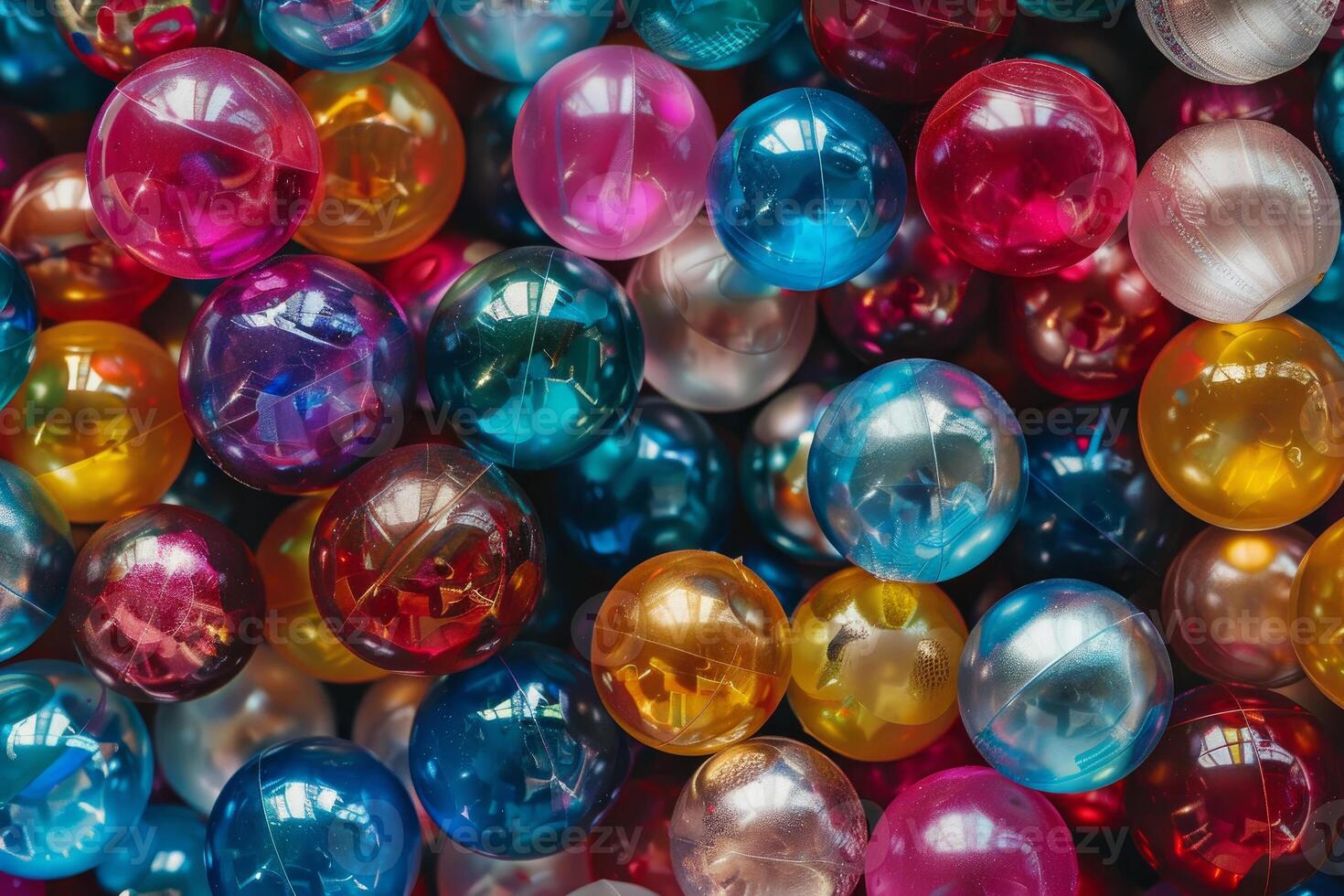 Vibrant display of multicolored gumballs, filling the frame with a glossy texture photo