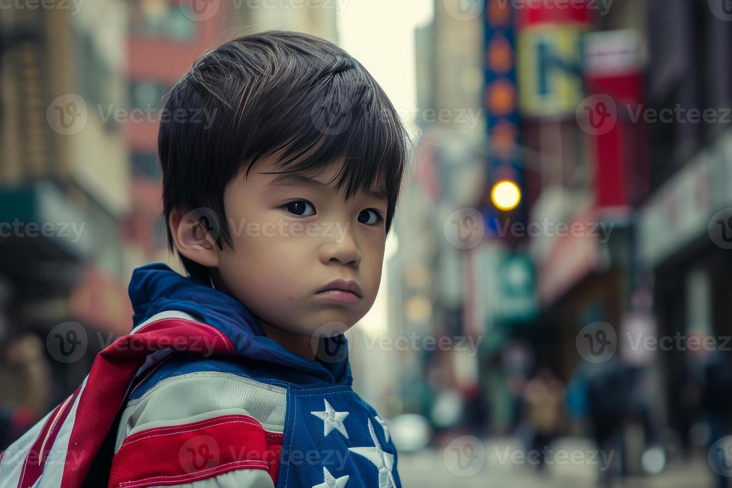 Pensive child in urban setting photo