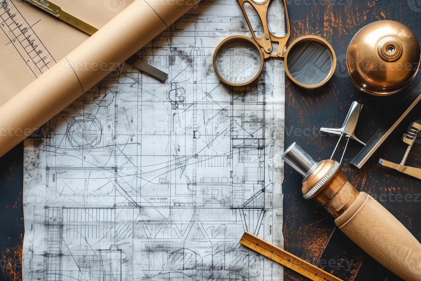 Architectural blueprint and drafting tools on desk photo