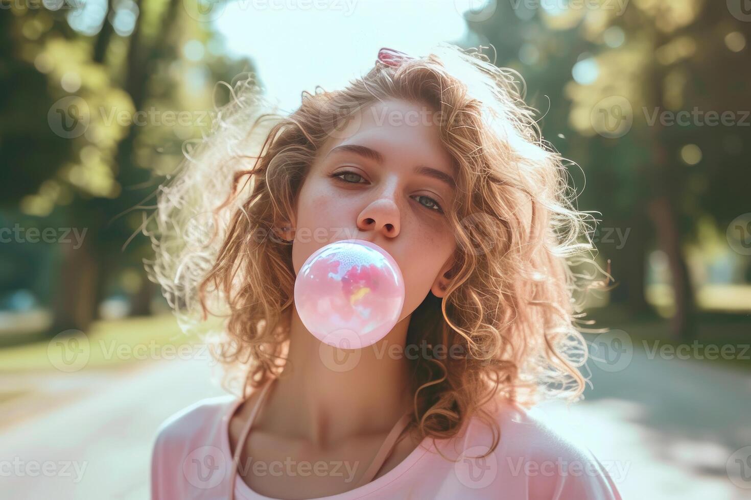 Playful Beautiful young woman blowing bubble gum. Generate Ai photo