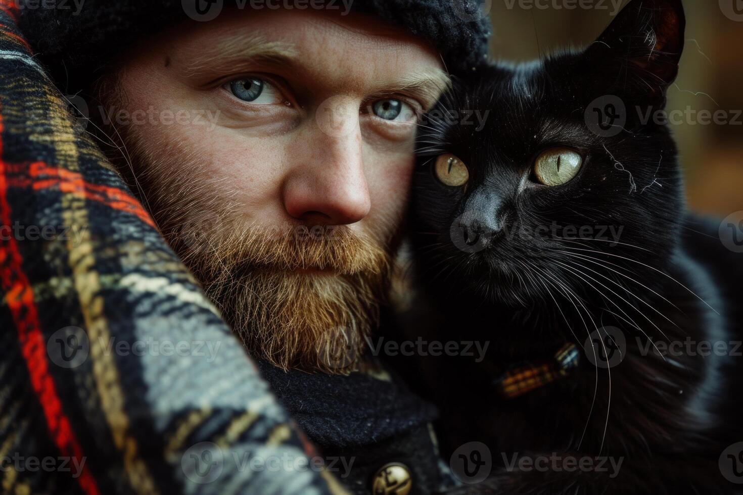 Joyful Black cat Scottish with cute happy man. Generate Ai photo