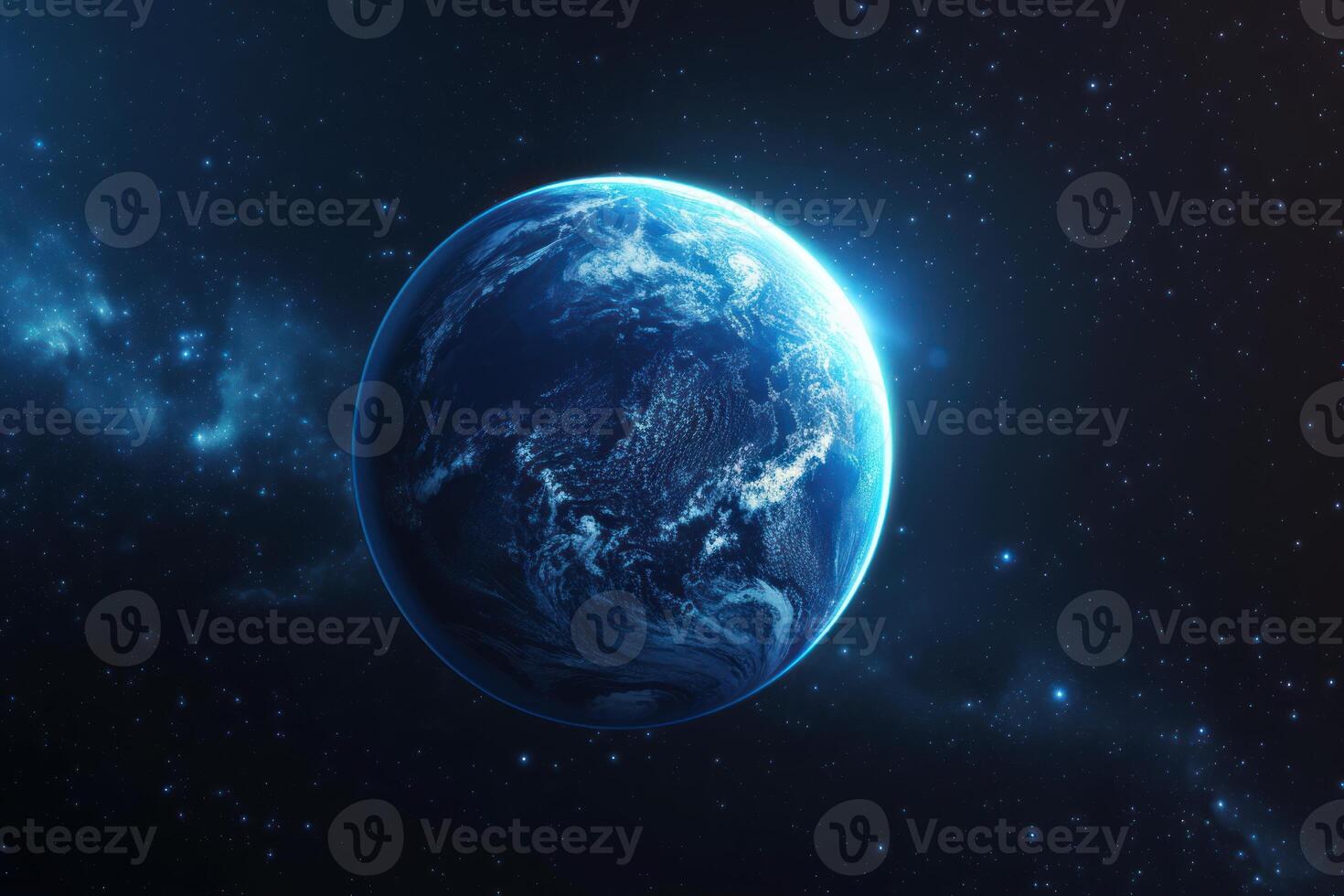Blue planet earth in space with stars photo