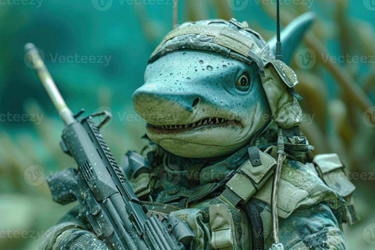 Armed anthropomorphic shark soldier in aquatic environment photo