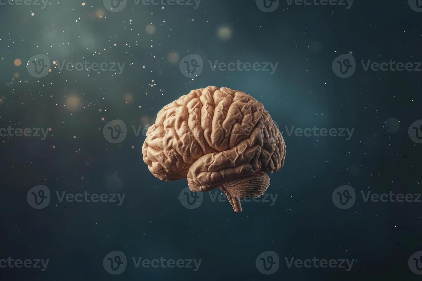 Human brain floating in dark space with glowing particles photo
