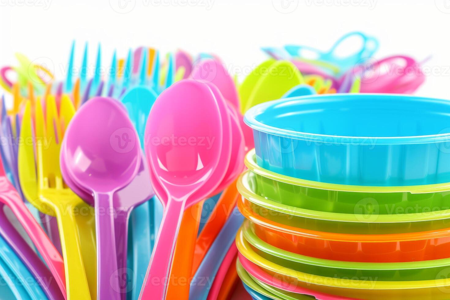 Colorful plastic cutlery and dishes on white background photo