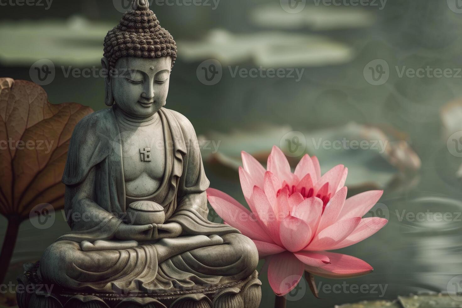Serene buddha statue with lotus flower photo