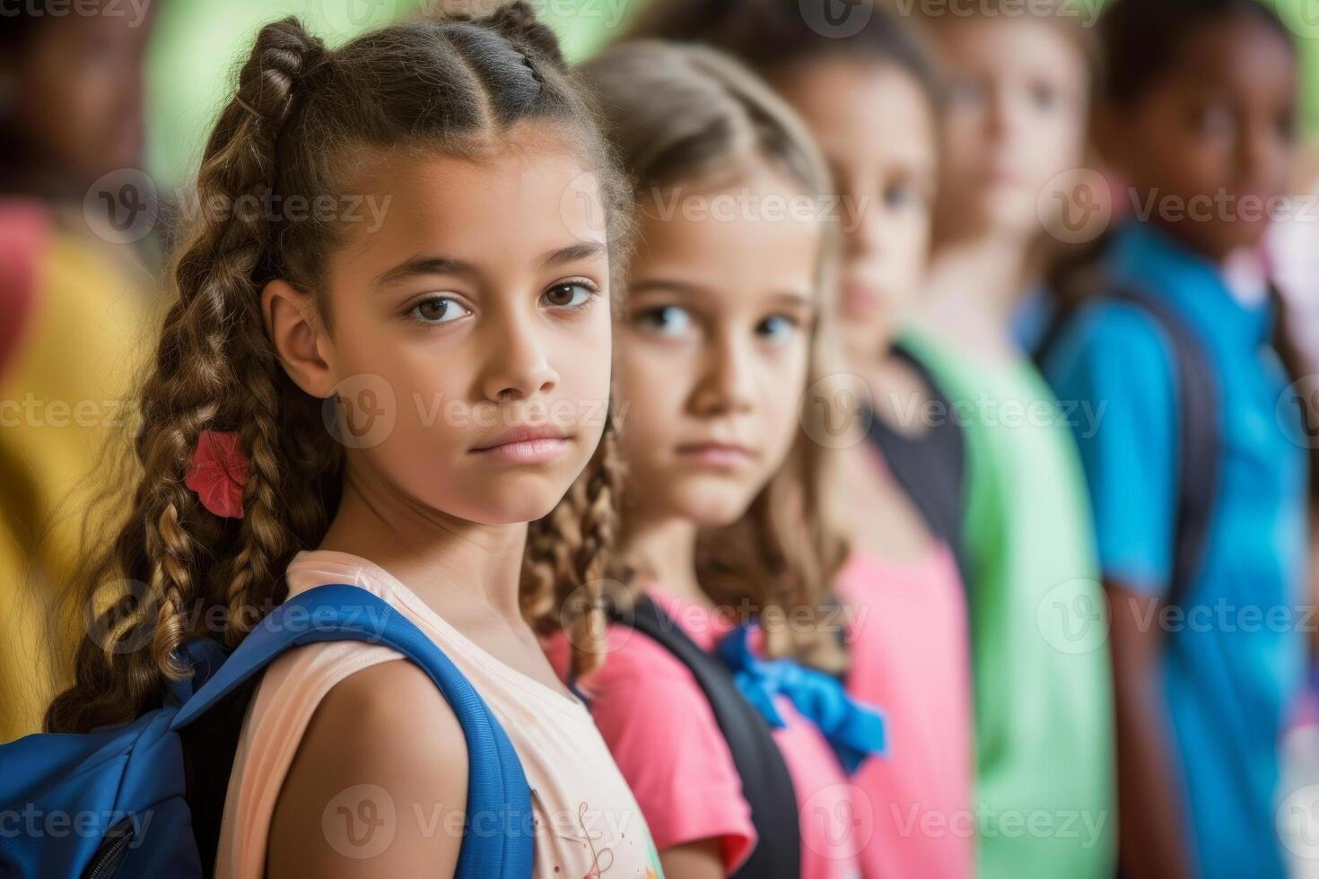 Group of diverse school children standing in line photo