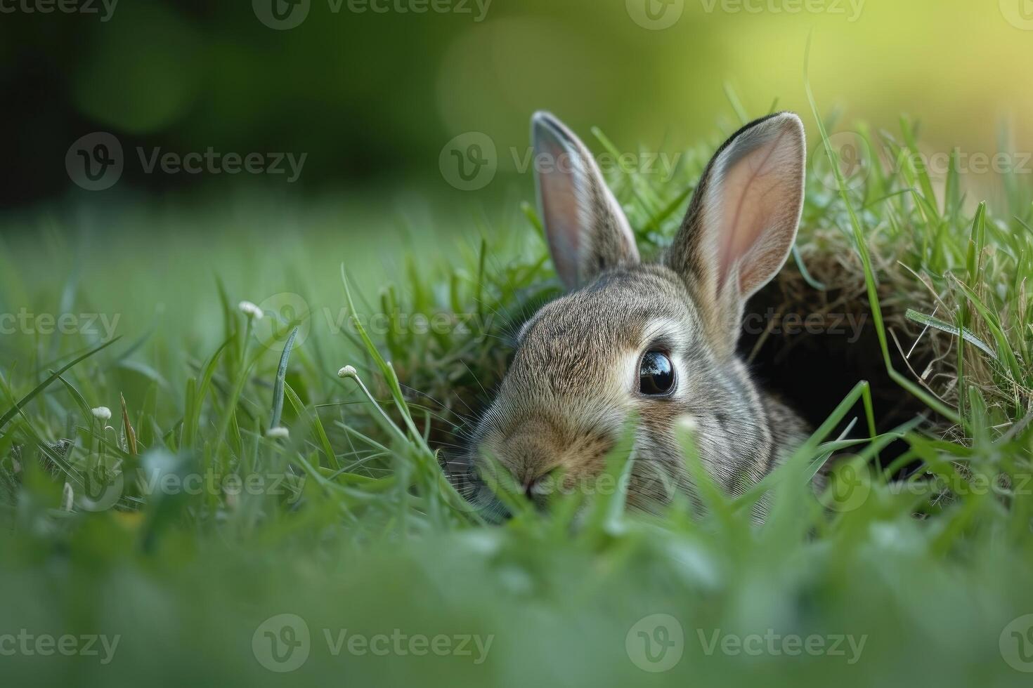 Young rabbit peeking out of burrow photo