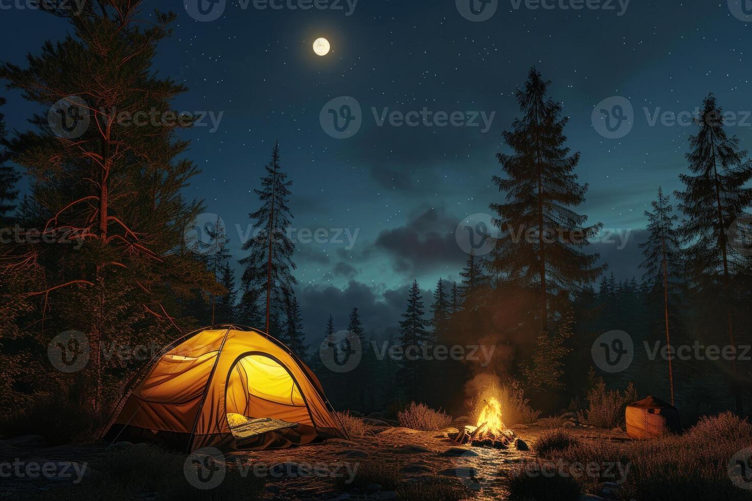 Moonlit camping night with illuminated tent and campfire photo