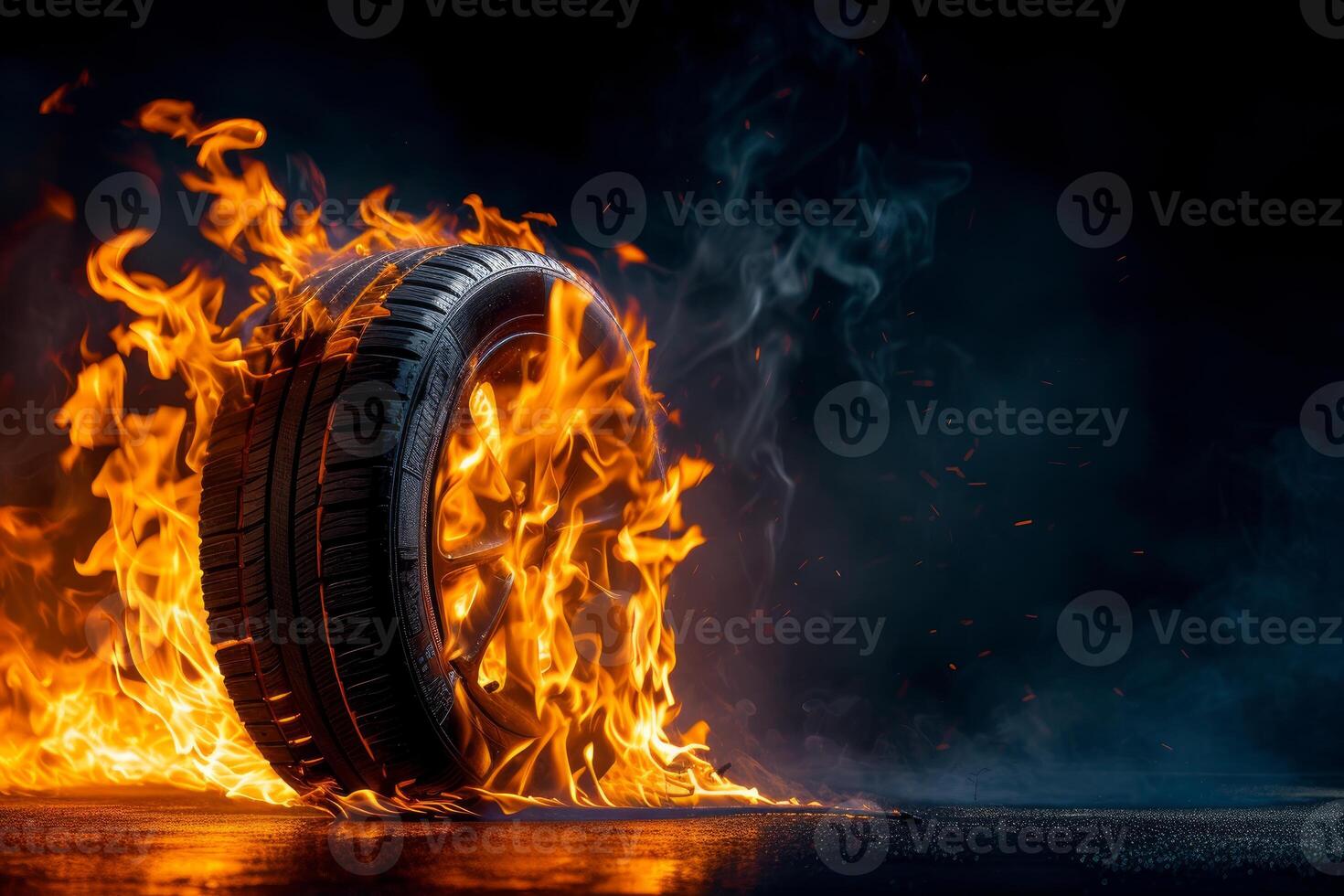 Burning tire on dark backdrop with intense flames photo