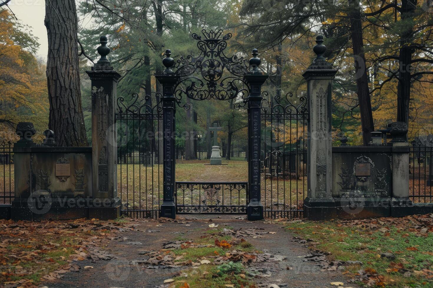 Mysterious vintage cemetery gates in autumn photo