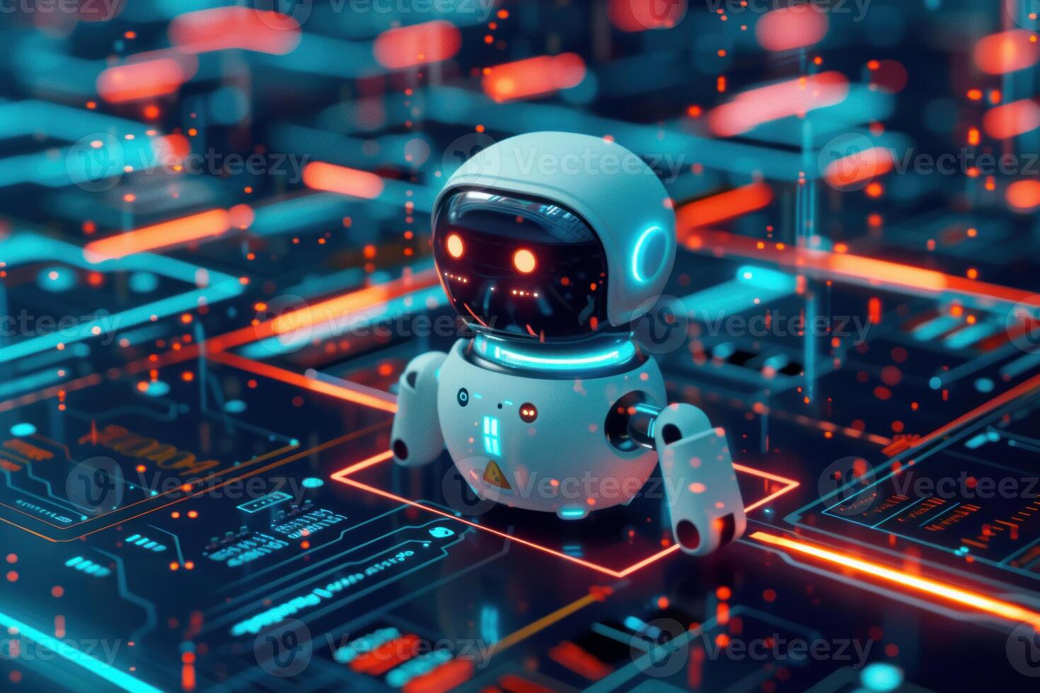 Futuristic ai robot on digital circuit board photo