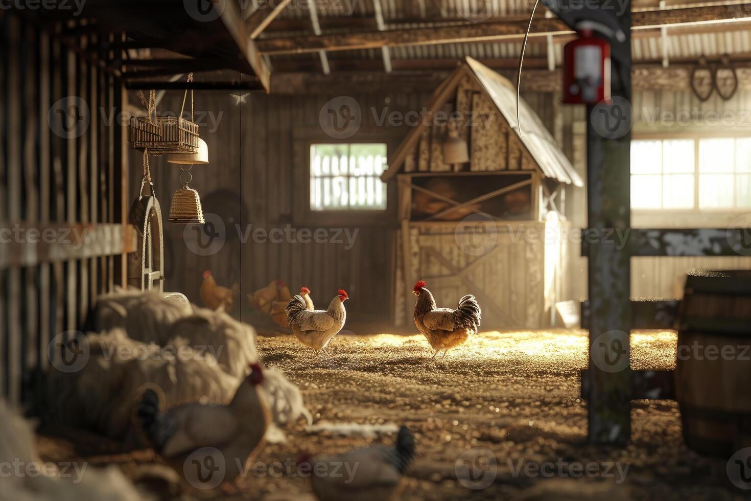 Rustic chicken coop in golden light photo