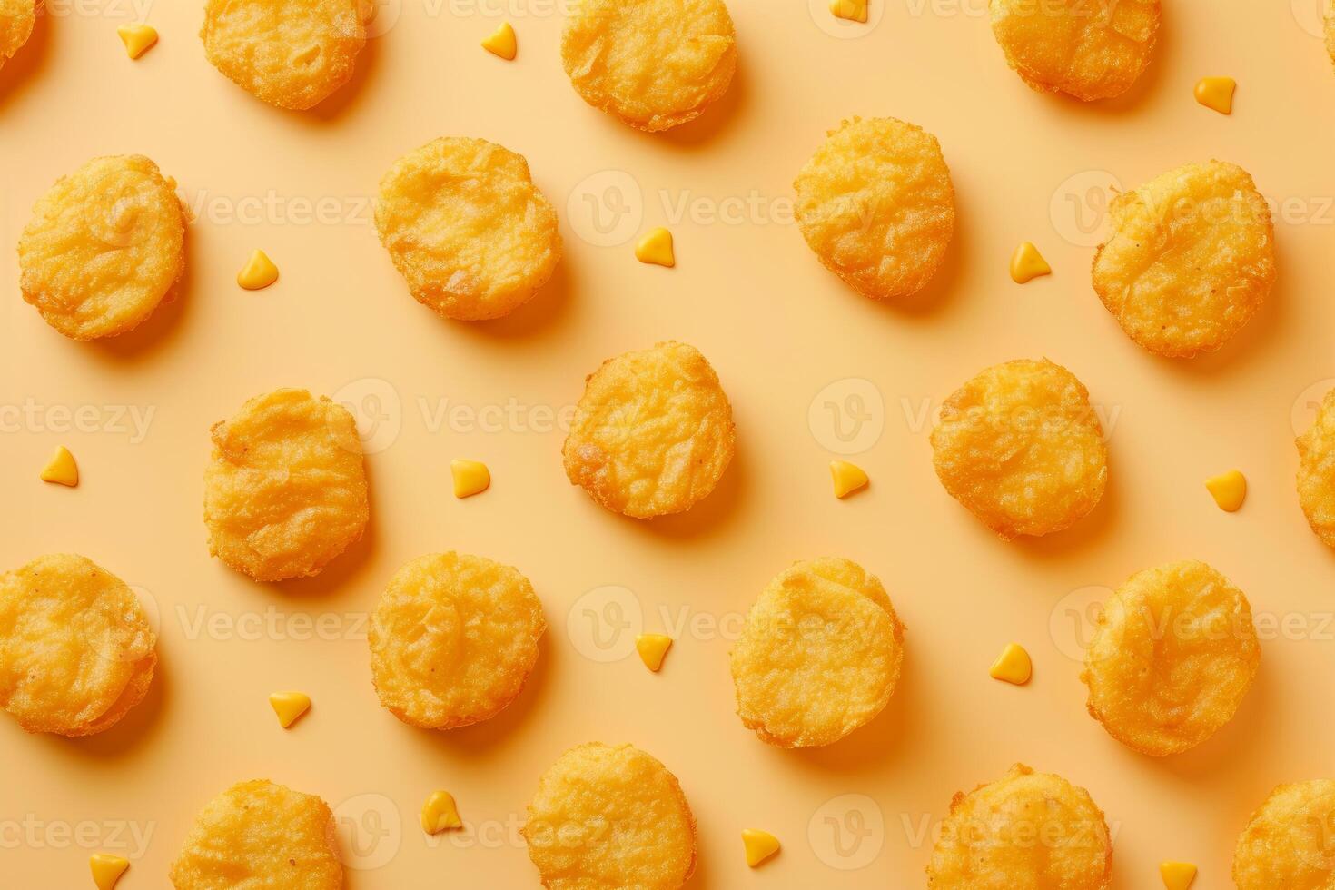 Pattern of crispy hash browns on yellow background photo