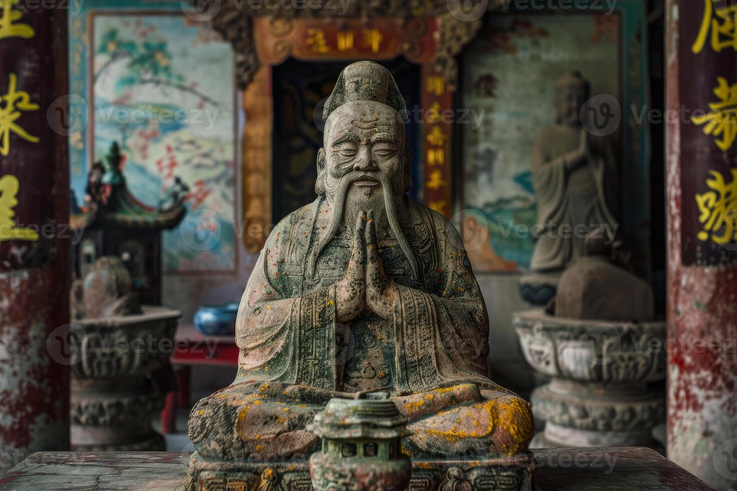 Ancient confucius statue in temple setting photo