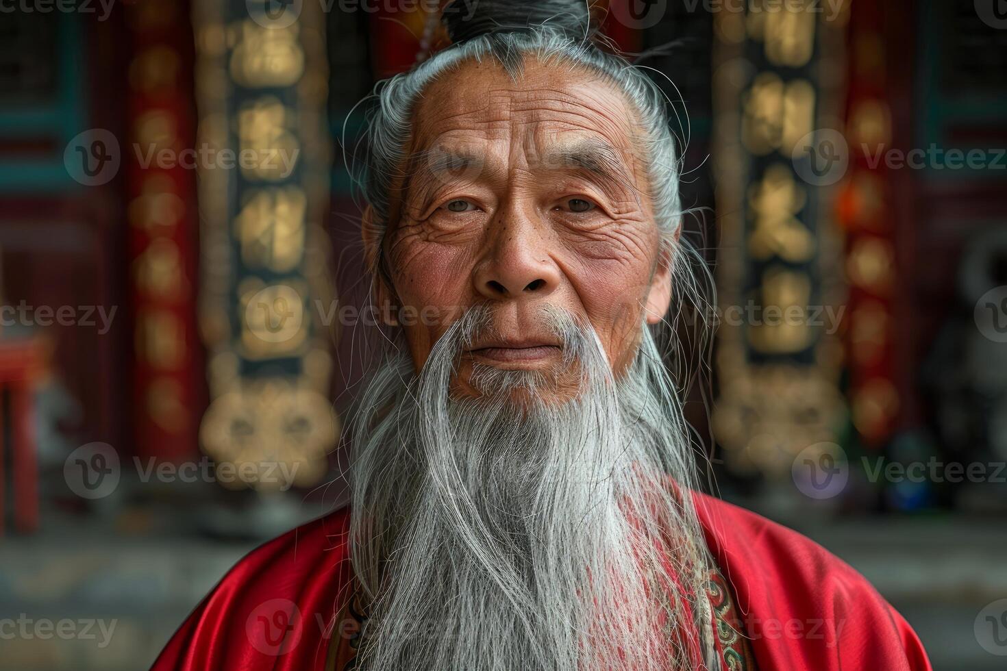 Elderly asian man with long beard in traditional attire photo
