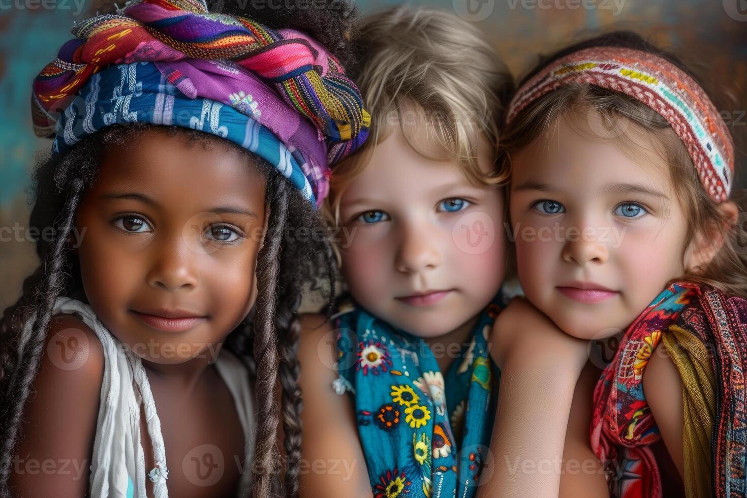 Diverse trio of children embracing unity photo
