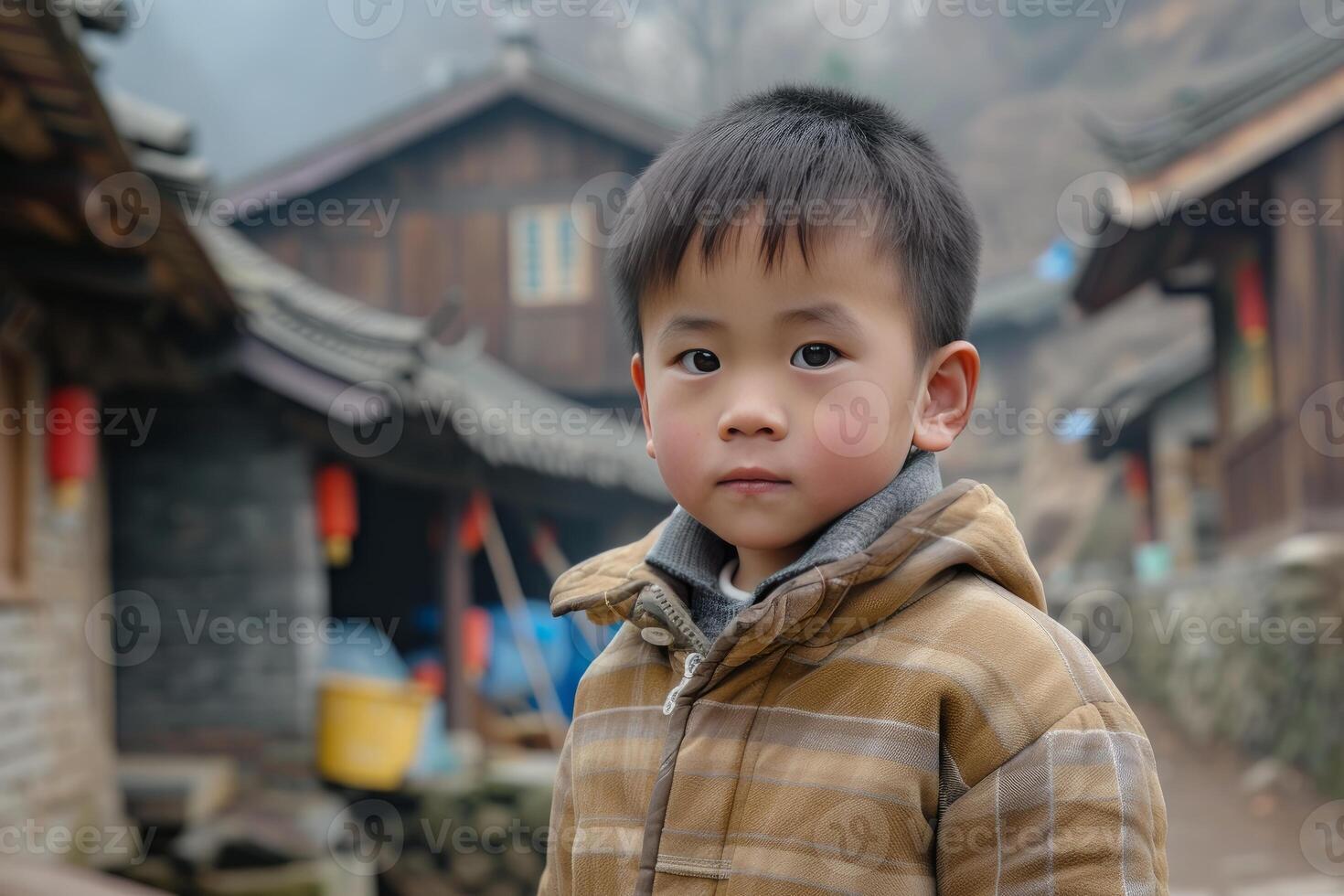 Pensive young boy in traditional village setting photo