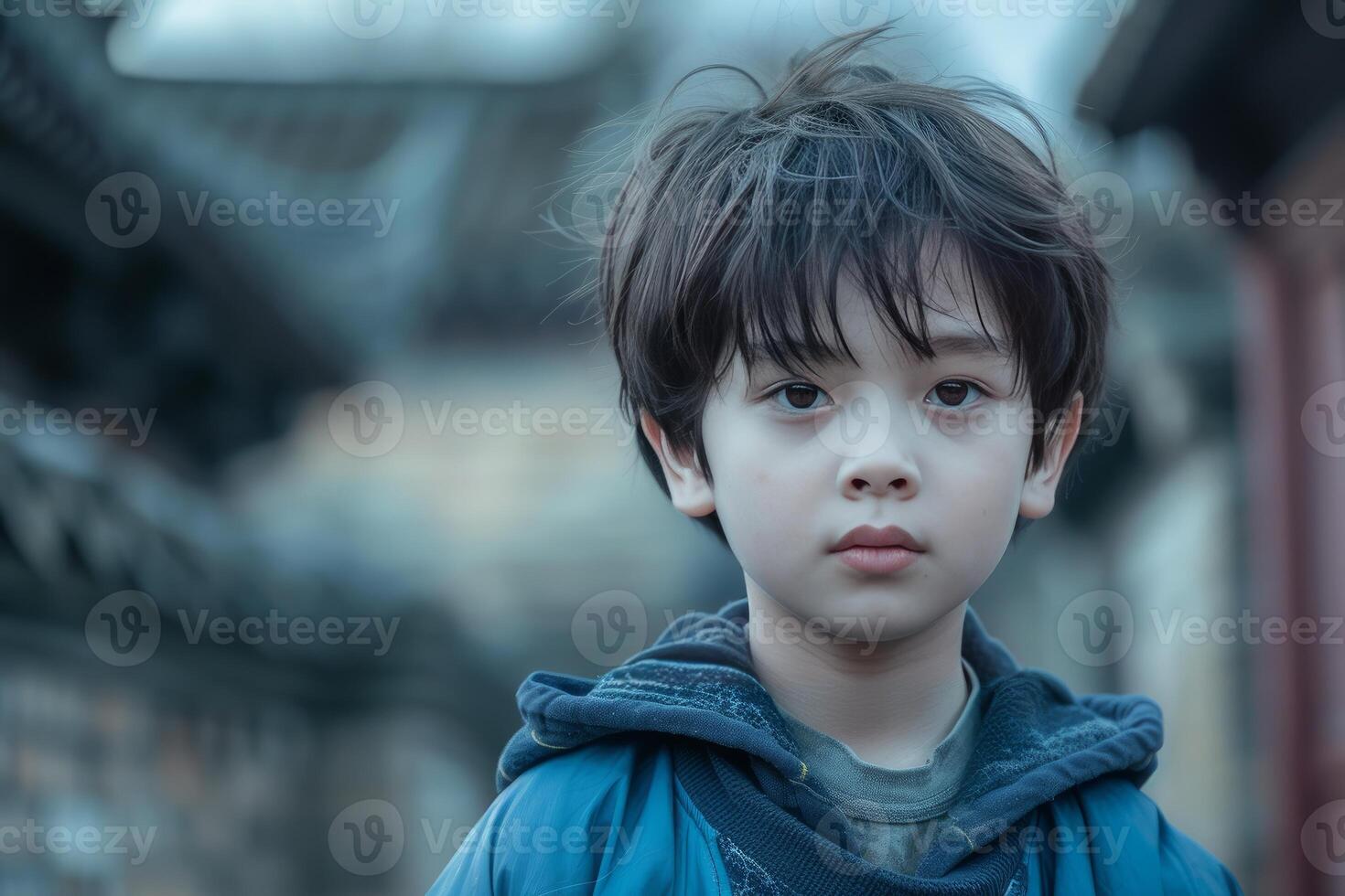Portrait of a pensive young boy outdoors photo