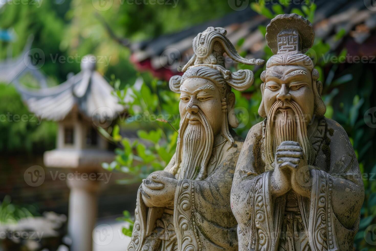 Ancient chinese scholar statues in garden photo