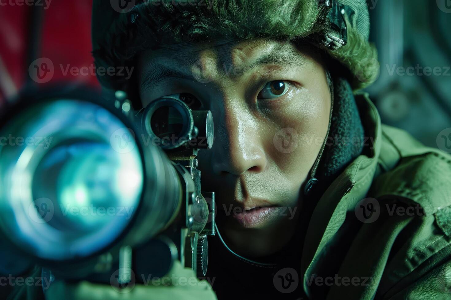 Soldier aiming with rifle in tactical scenario photo