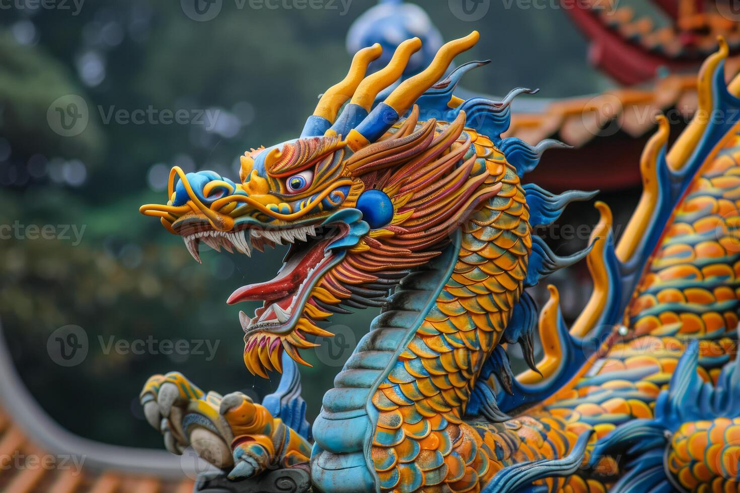 Vibrant dragon statue in traditional asian style photo