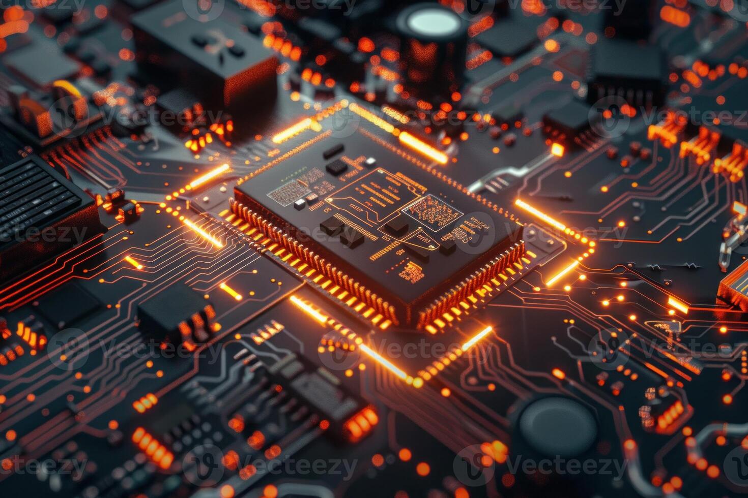Illuminated microchip on circuit board photo
