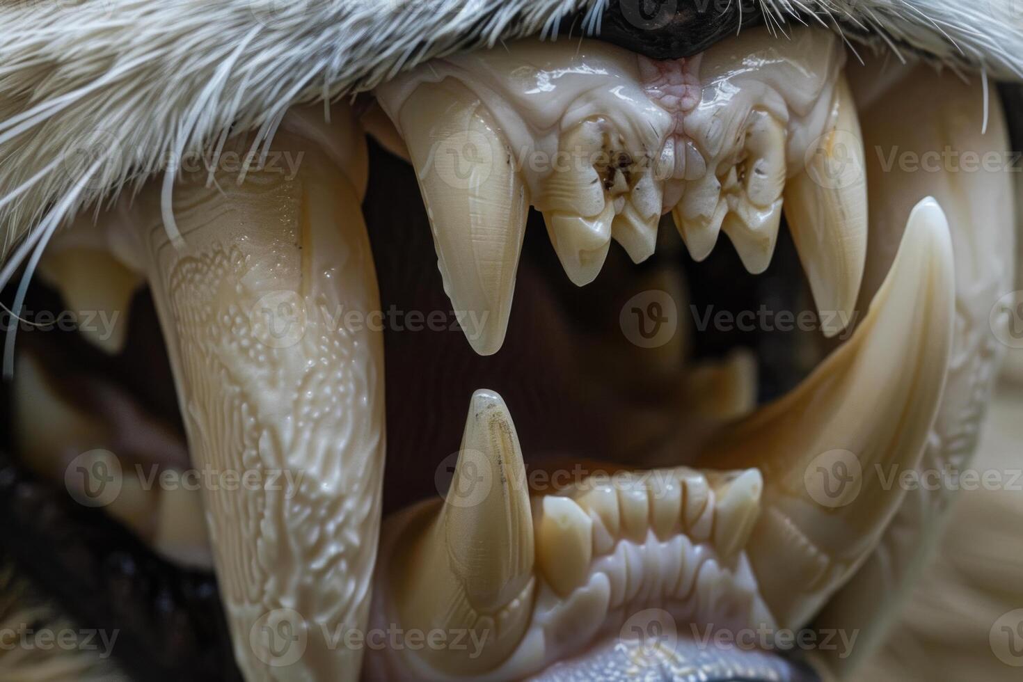 Macro image capturing the intricate details of an animal's sharp teeth and mouth structure photo