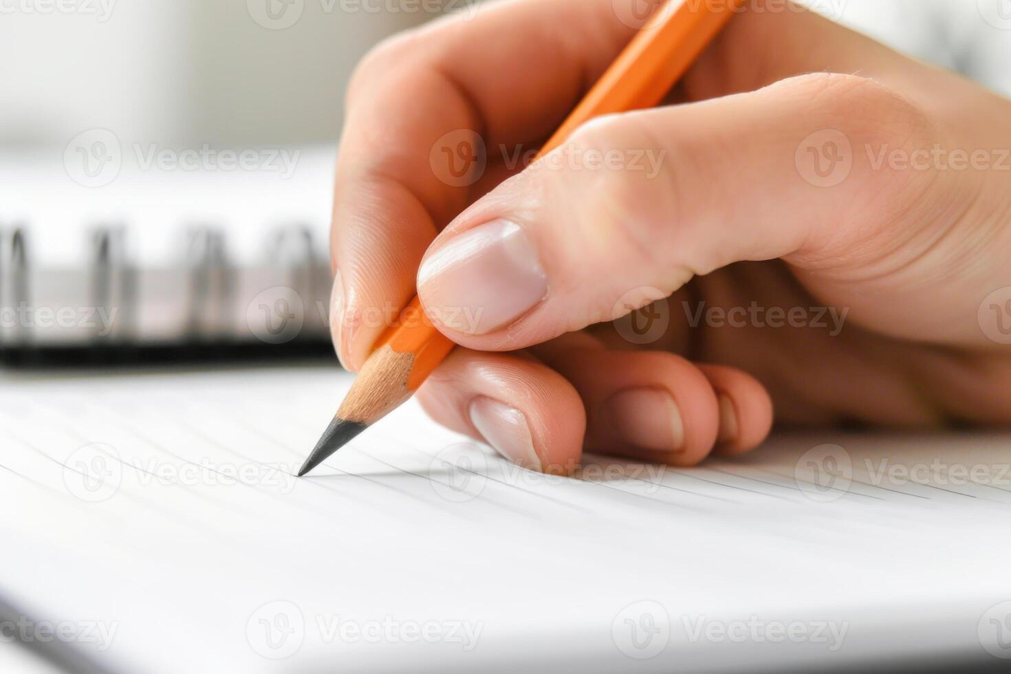 Closeup of hand writing in notebook with pencil photo