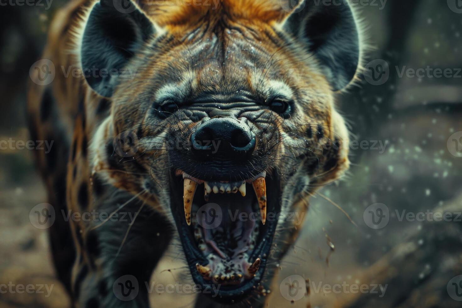 Closeup image capturing the fierce expression of a snarling tiger with detailed fur texture photo