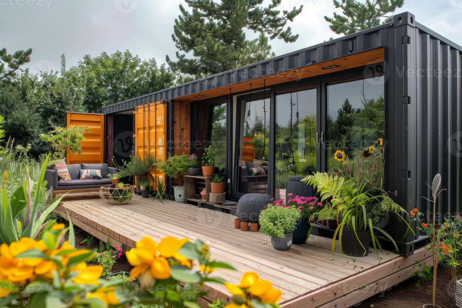 Modern shipping container home with garden photo