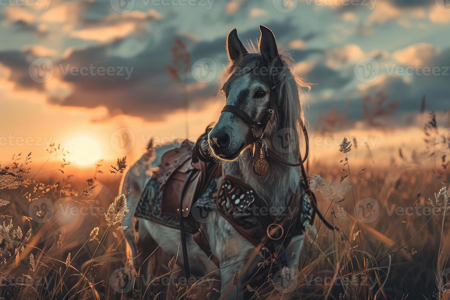 Majestic horse at sunset in a serene meadow photo
