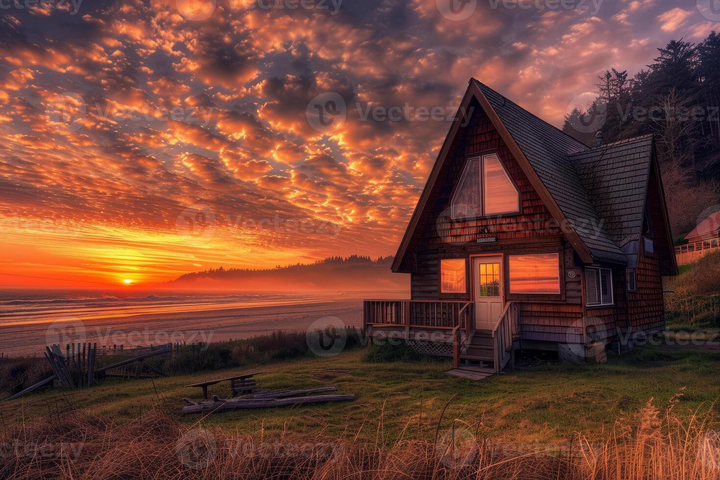 Serene sunset at beachfront cabin retreat photo