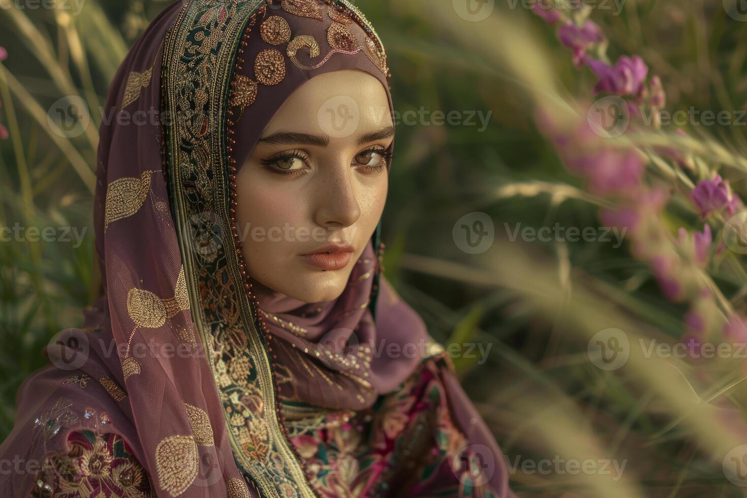 Serene beauty in traditional hijab amidst flowers photo