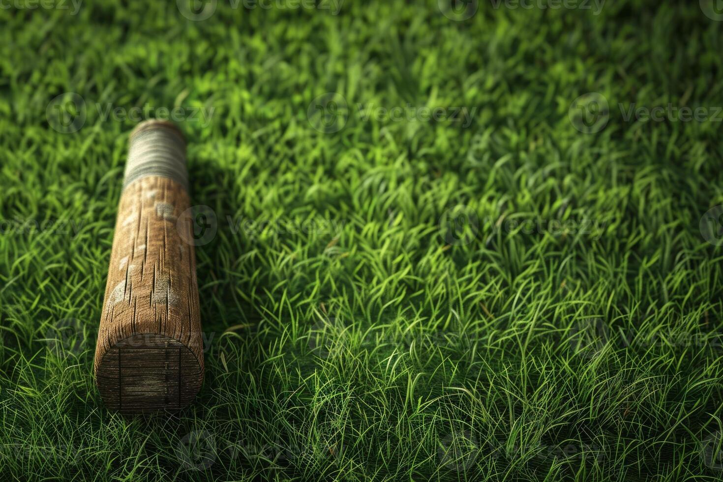 Wooden baseball bat on lush grass field photo