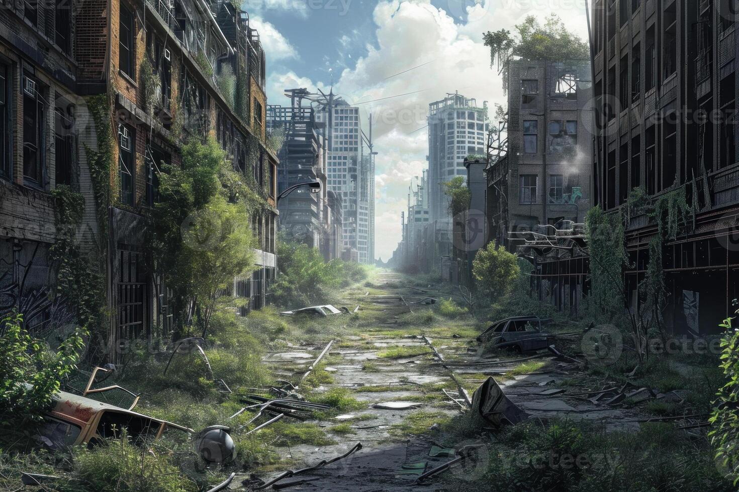 Artistic depiction of a deserted city street overgrown with vegetation and in ruins photo